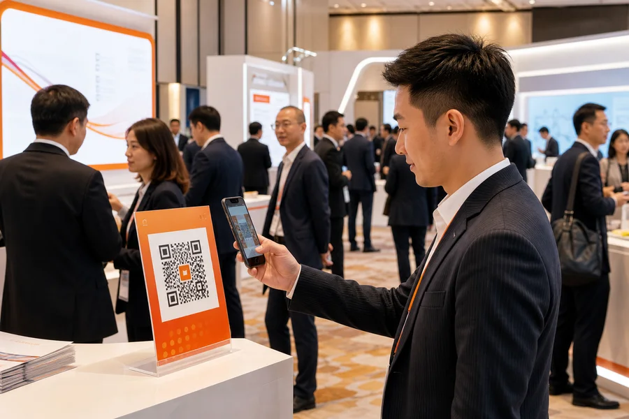 参会者在商务展会现场扫描二维码